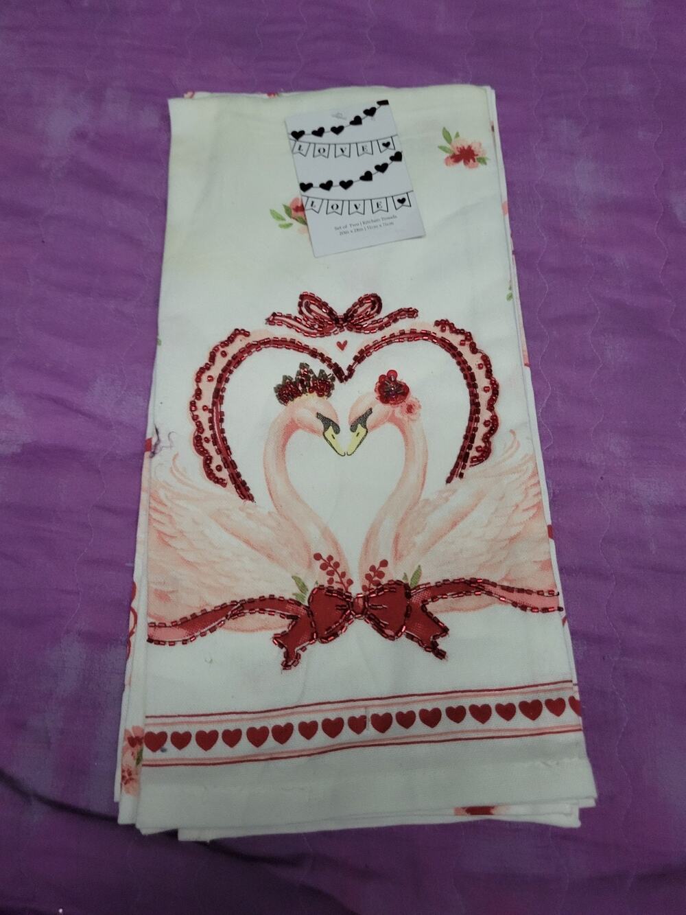2 Flamingos Kissing Love Hearts Kitchen Towels Bathroom Pink New